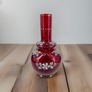 Antique Moser Enameled Painted Flower Ruby Glass Bottle Vase Gold